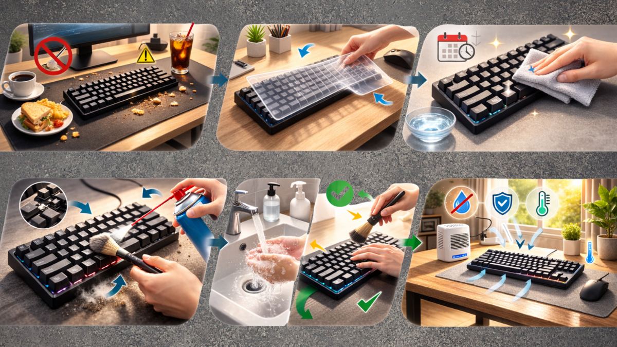 Thổi nhẹ bụi giữa các phím bằng khí nén