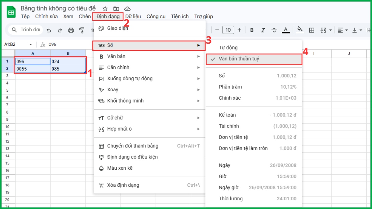 Thao tác chuyển sang định dạng văn bản
