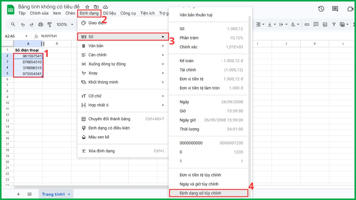 Tìm đến mục Định dạng số tùy chỉnh