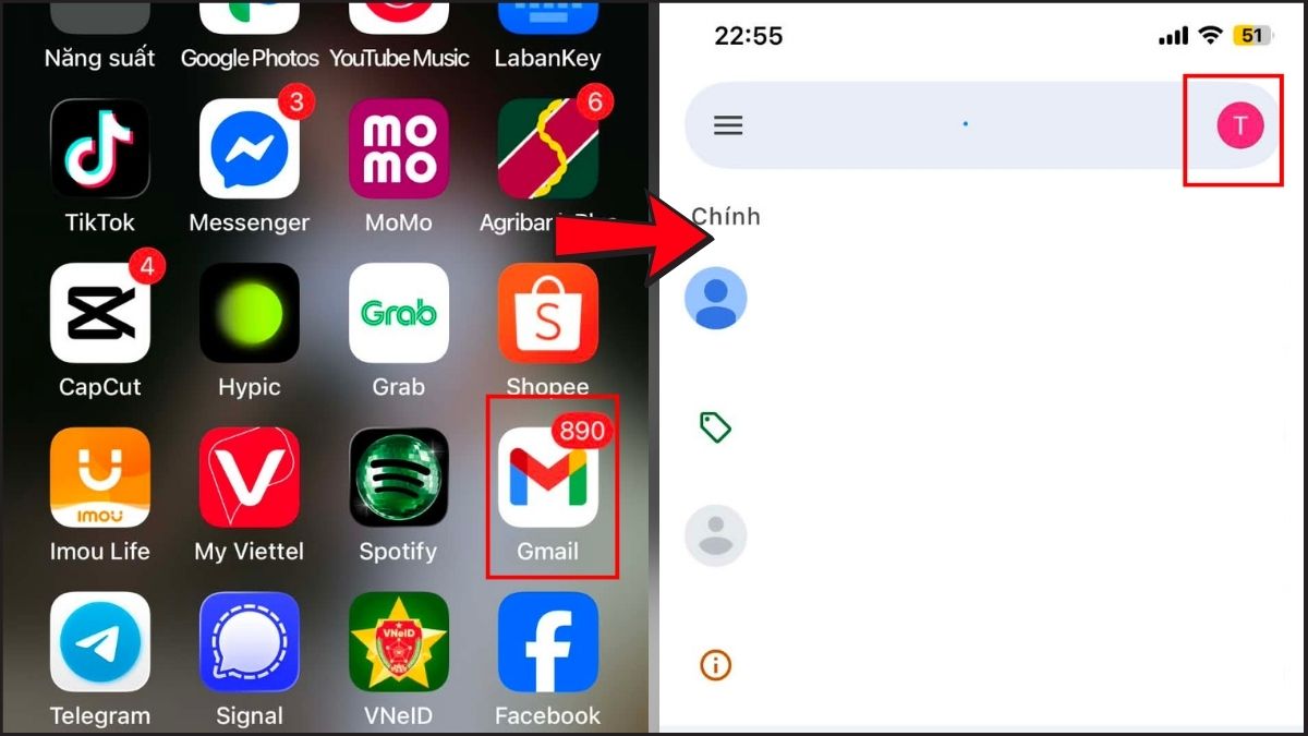Mở Gmail và Chọn ảnh đại diện