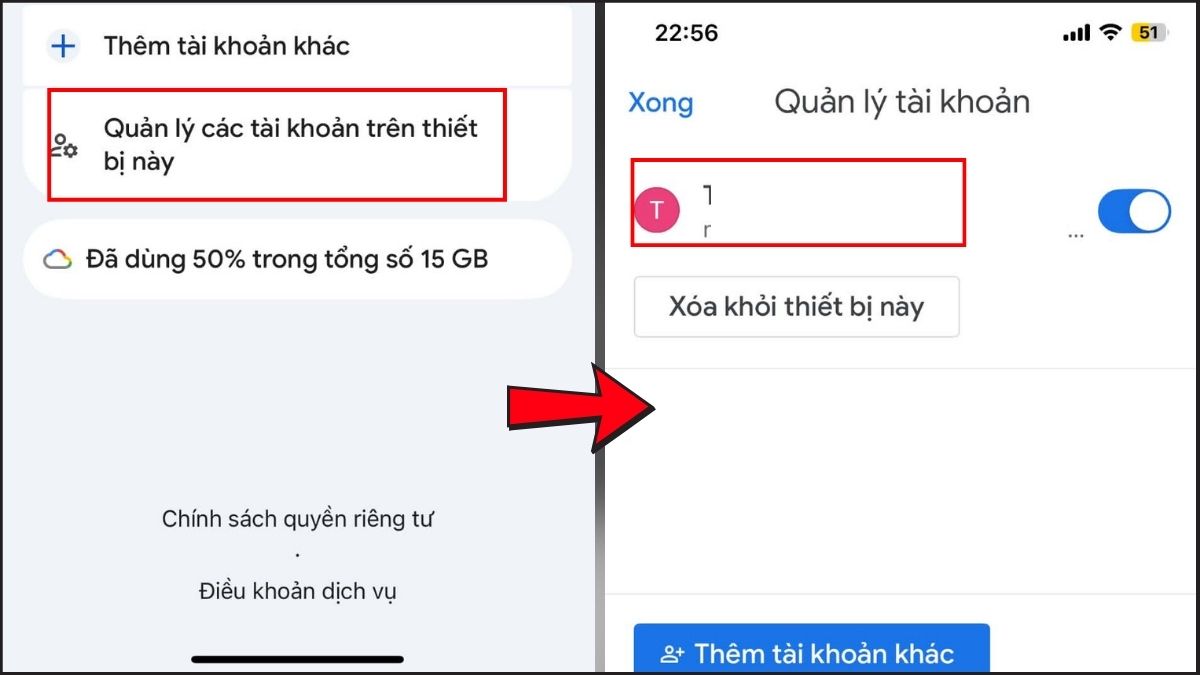Vào phần Quản lý các tài khoản trên thiết bị và gỡ bỏ khỏi thiết bị