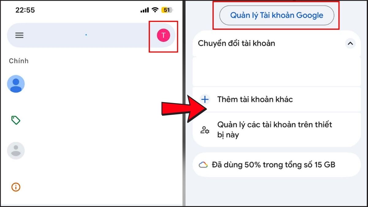 Mở ứng dụng Gmail và tìm đến mục Quản lý Tài khoản Google