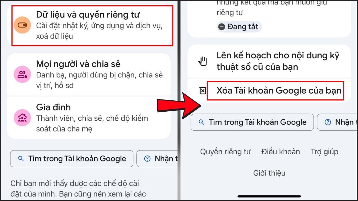 Tìm đến mục Dữ liệu và quyền riêng tư và xóa tài khoản Google