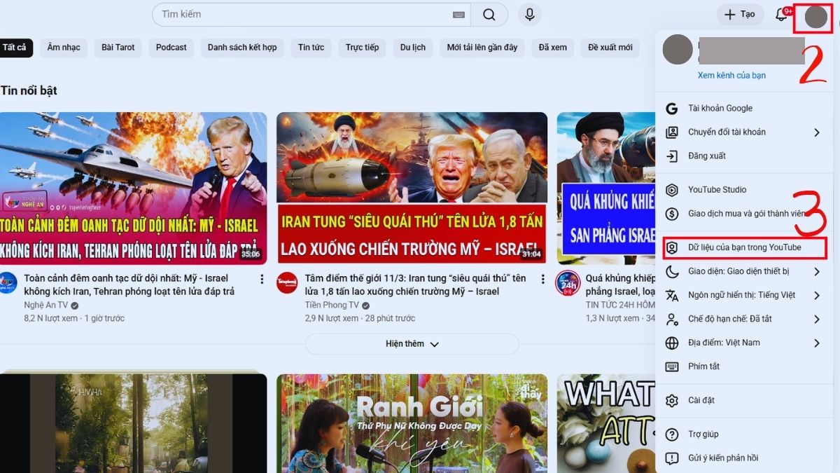 Tìm đến Dữ liệu của bạn trong YouTube