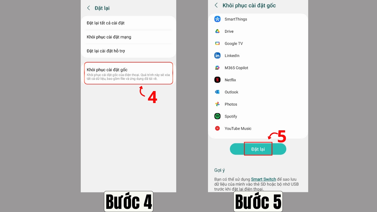 Chọn vào mục Khôi phục cài đặt gốc và Đặt lại
