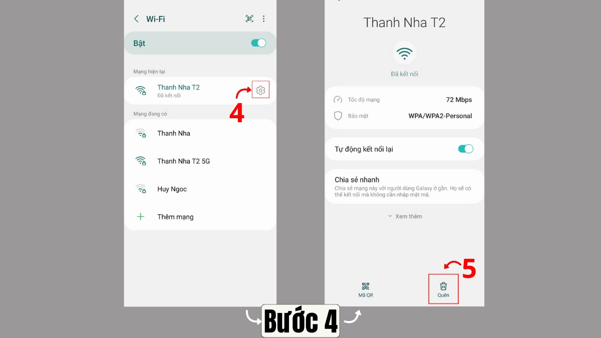 Bấm Quên WiFi trong Cài đặt