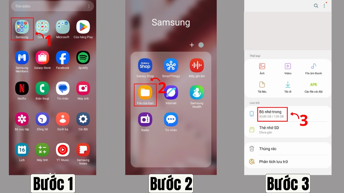Truy cập vào mục Bộ nhớ trong trong phần Cài đặt