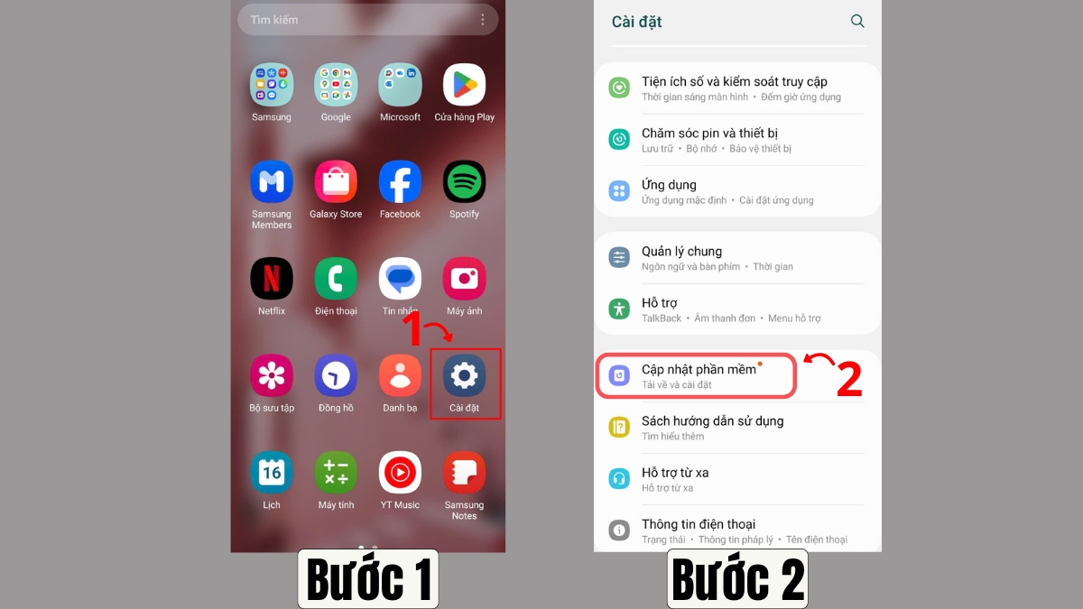Truy cập vào Cập nhật phần mềm trong Cài đặt