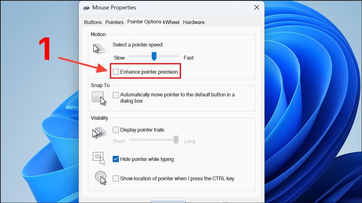 Tắt mục Enhance Pointer Precision trong Mouse settings