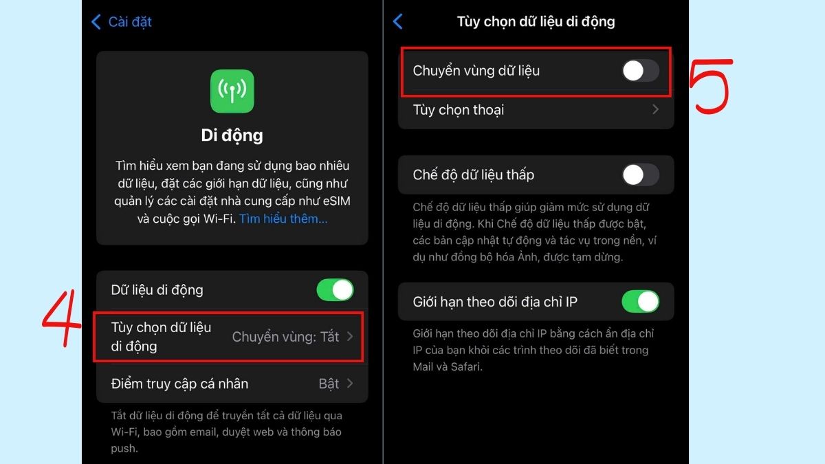 Chọn Tùy chọn dữ liệu di động và bật Chuyền vùng dữ liệu