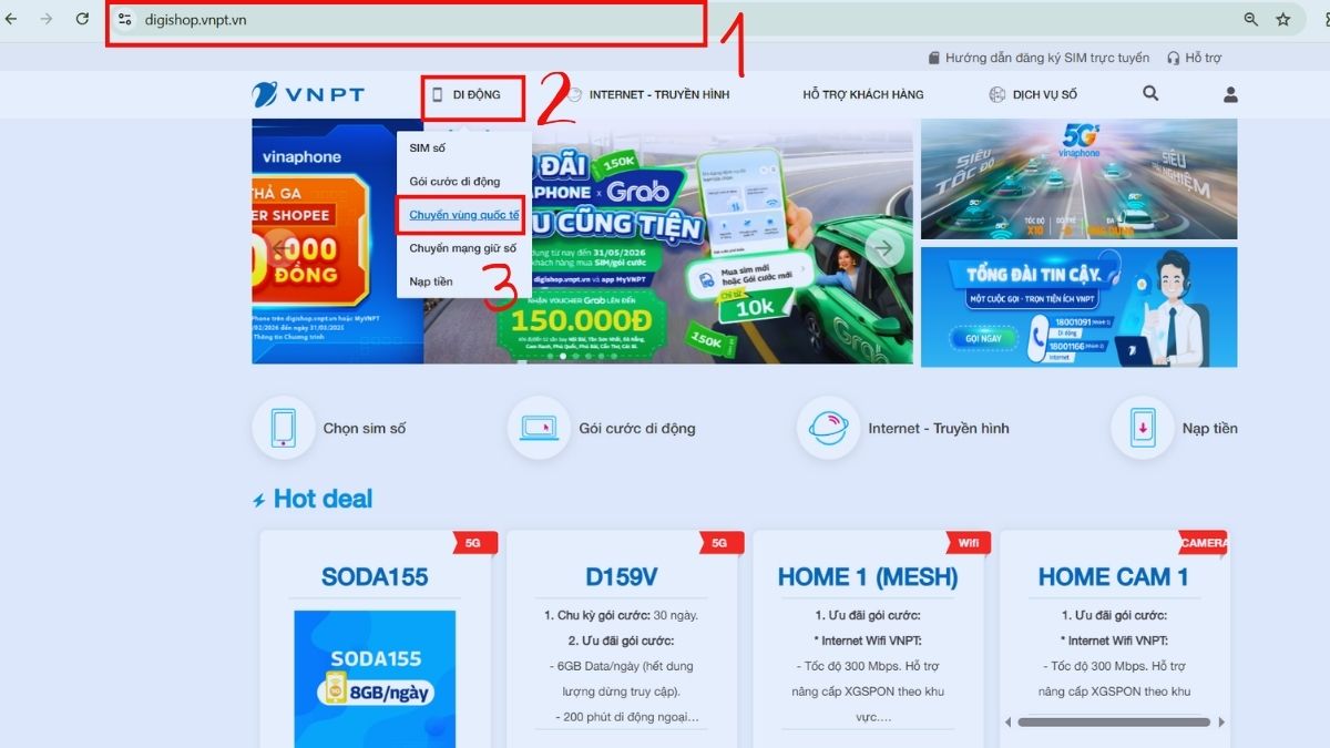 Truy cập đến mục Chuyển vùng quốc tế qua website