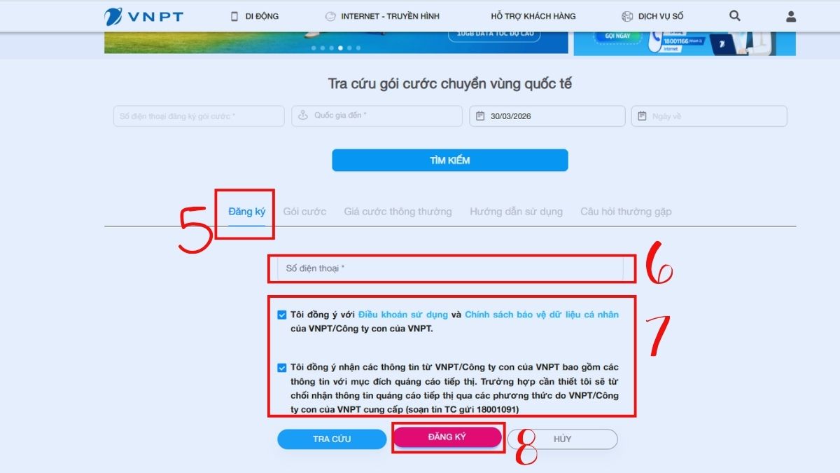 Chuyển vùng quốc tế VinaPhone qua website