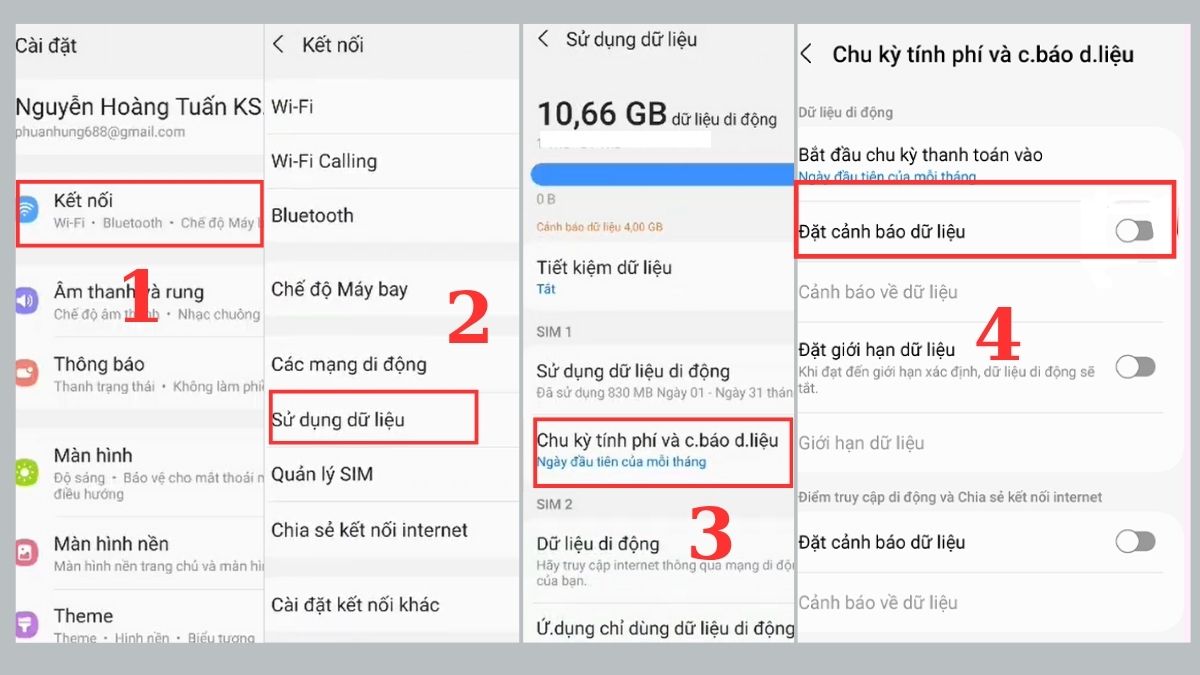 Các thao tác thiết lập tắt cảnh báo dữ liệu di động (Nguồn ảnh: Internet)