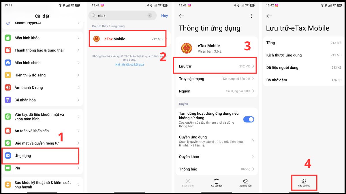 Thao tác xóa cache ứng dụng