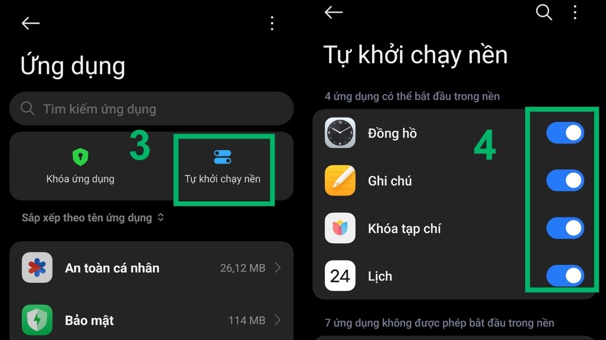 Kích hoạt công tắc cho các ứng dụng cần thiết