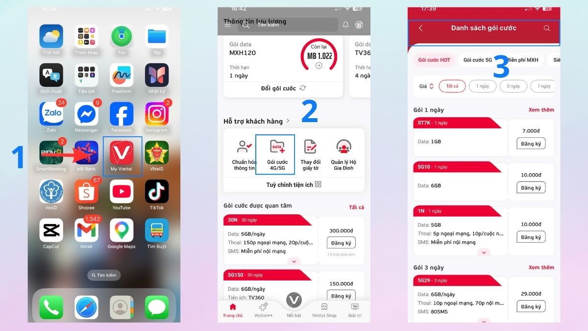 Tìm đến mục danh sách gói cước của app My Viettel