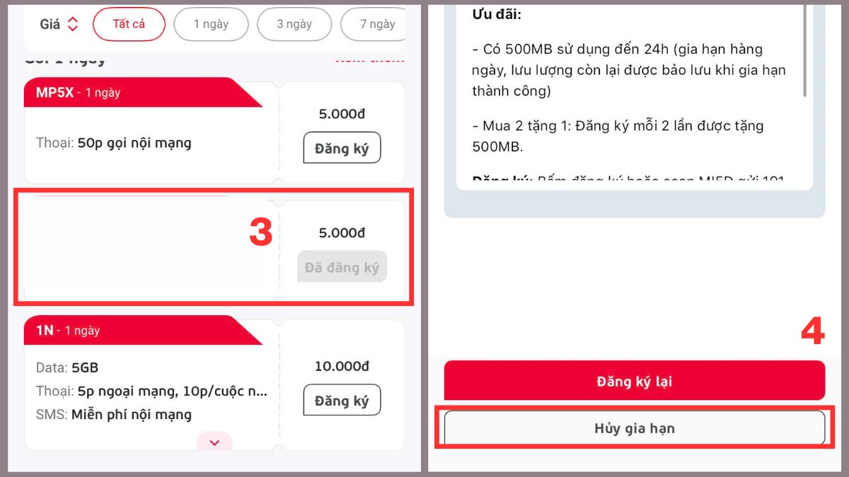 Tìm gói ngoại mạng và hủy gia hạn gói cước