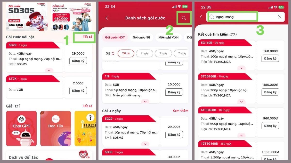 Đăng ký gói cước ngoại mạng qua app My Viettel