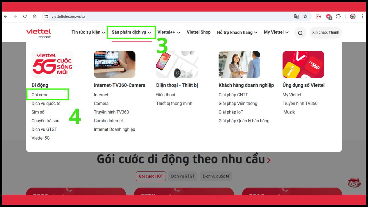 Tìm đến mục Sản phẩm dịch vụ và chọn Gói cước
