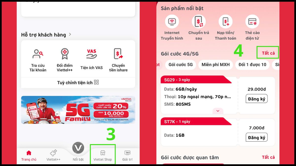 Tìm đến mục Tất cả gói cước