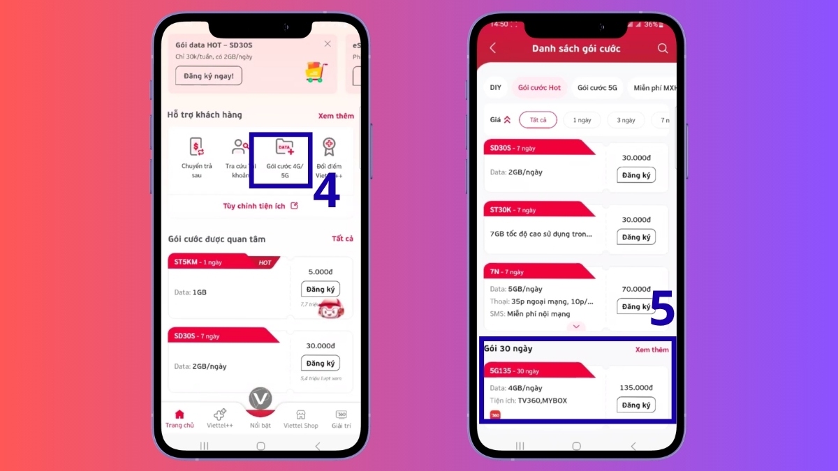 Tìm đến gói cước 4G/5G và nhấn Đăng ký