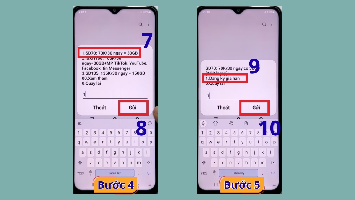 Chọn gói data và Gửi