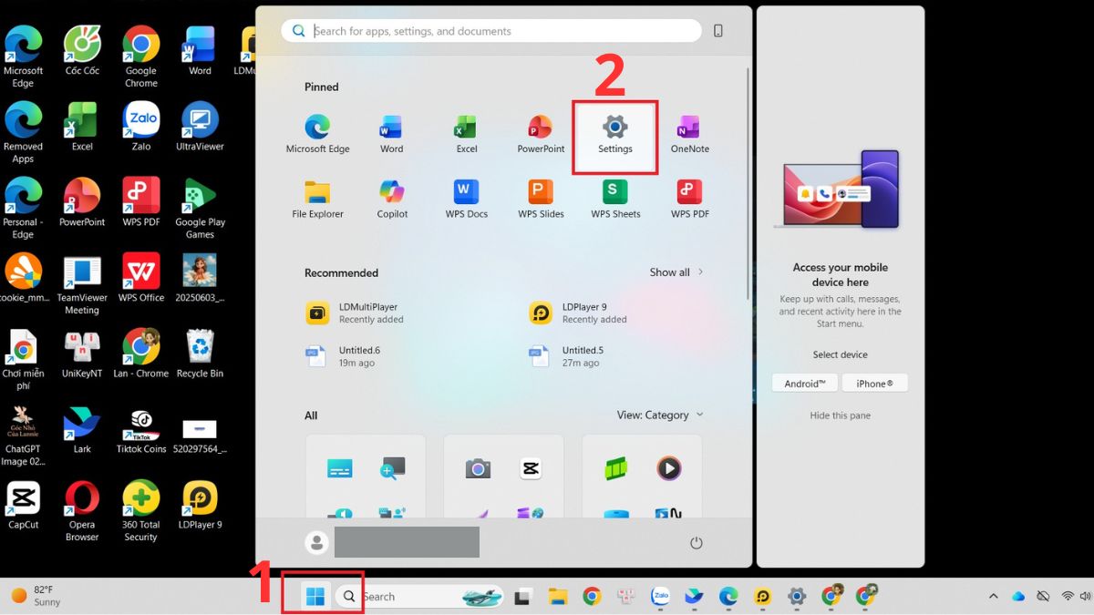 Vào mục Start và chọn Settings