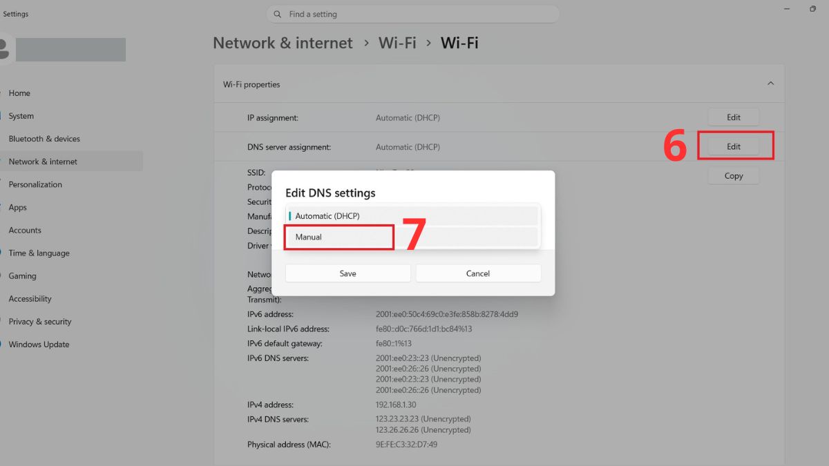 Tìm đến DNS server assignment và chọn Manual