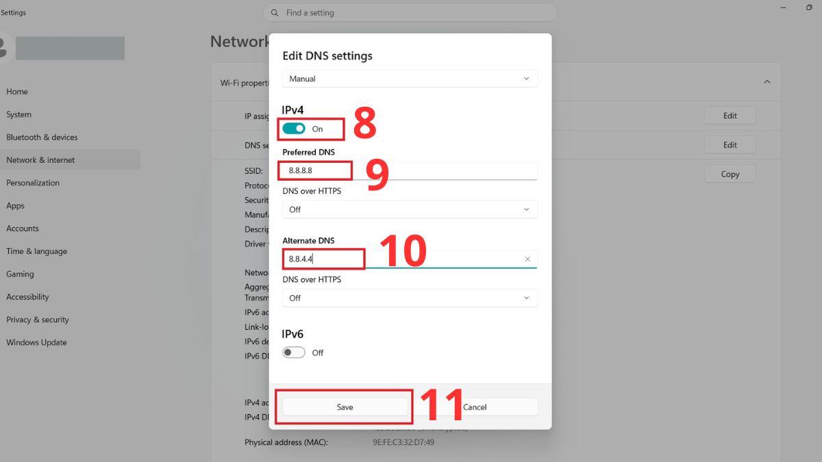 Bật On và điền 8.8.8.8 tại mục preferred DNS