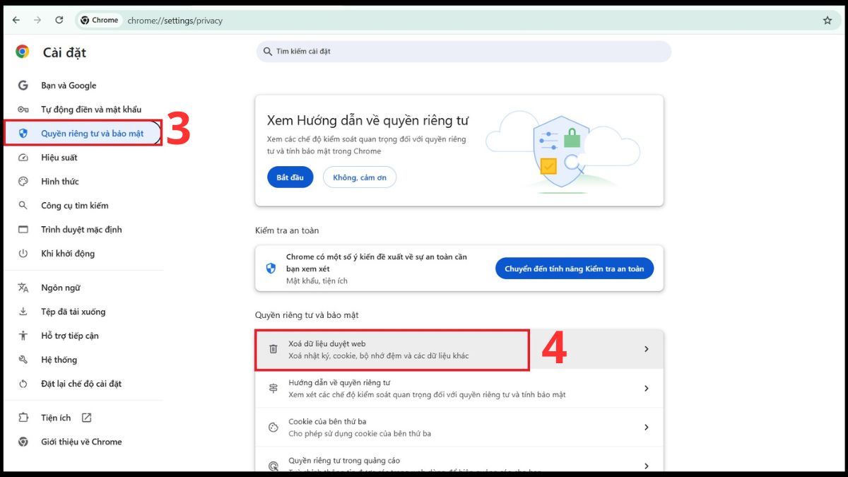 Truy cập vào Quyền riêng tư và bảo mật và chọn Xóa dữ liệu duyệt web