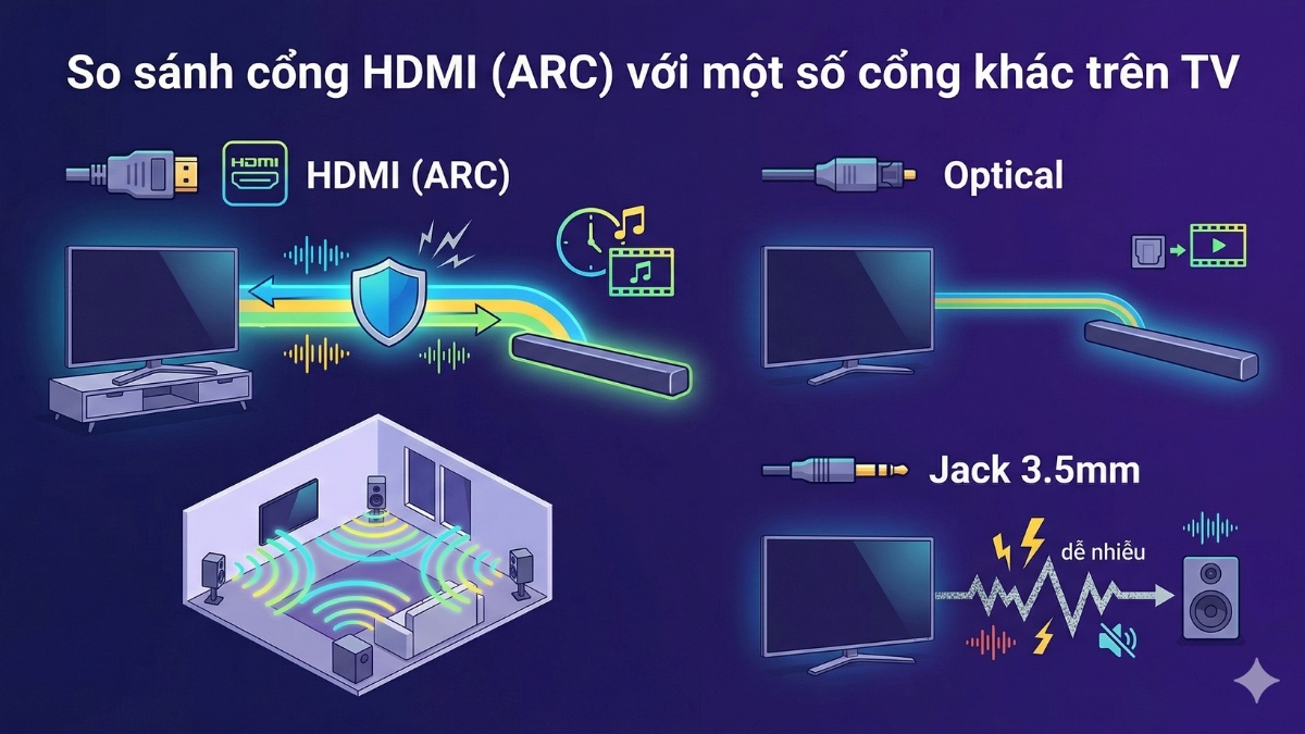 So sánh cổng HDMI ARC với một số cổng khác trên TV