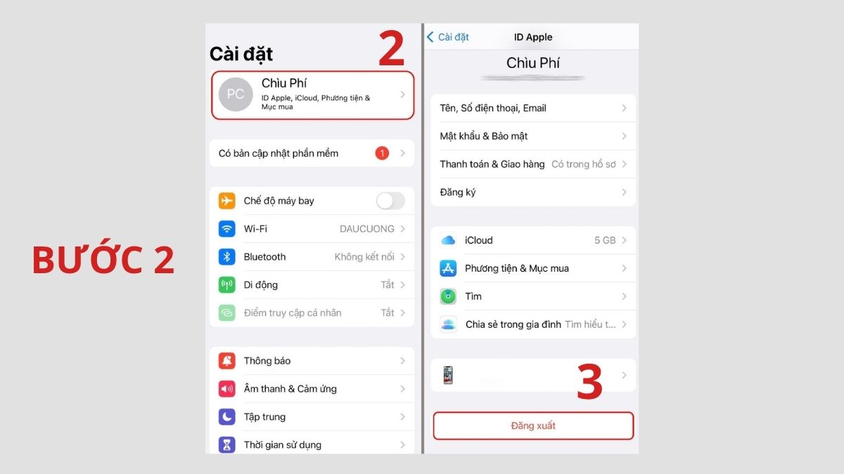 Chọn tên ID Apple và Đăng xuất