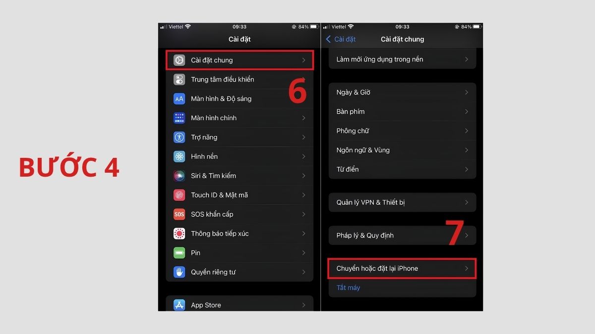Tìm đến mục Cài đặt chung và nhấn Chuyển hoặc Đặt lại iPhone