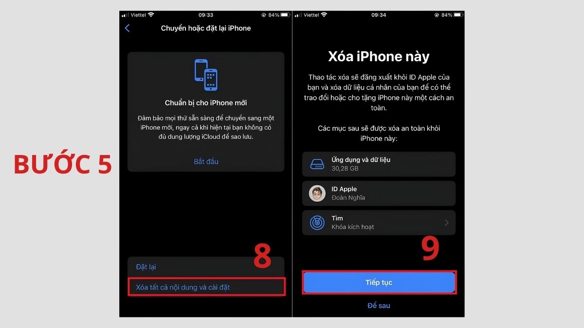 Chọn Xóa tất cả nội dung và cài đặt và nhấn Tiếp tục