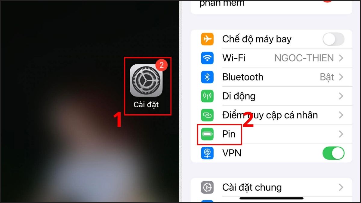 Vào mục Cài đặt và chọn Pin
