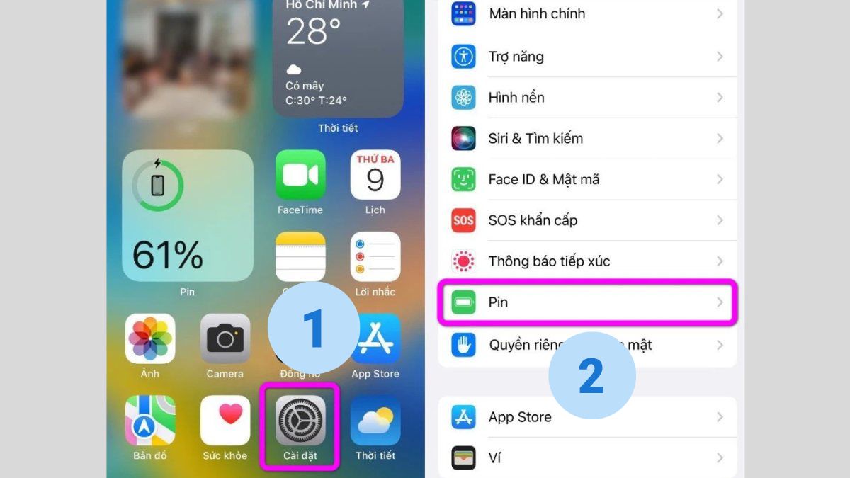 Mở Cài đặt và chọn vào Pin