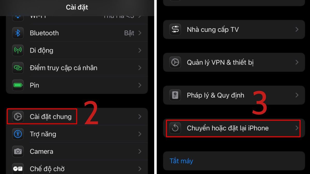 Chọn Chuyển hoặc đặt lại iPhone trong mục Cài đặt chung