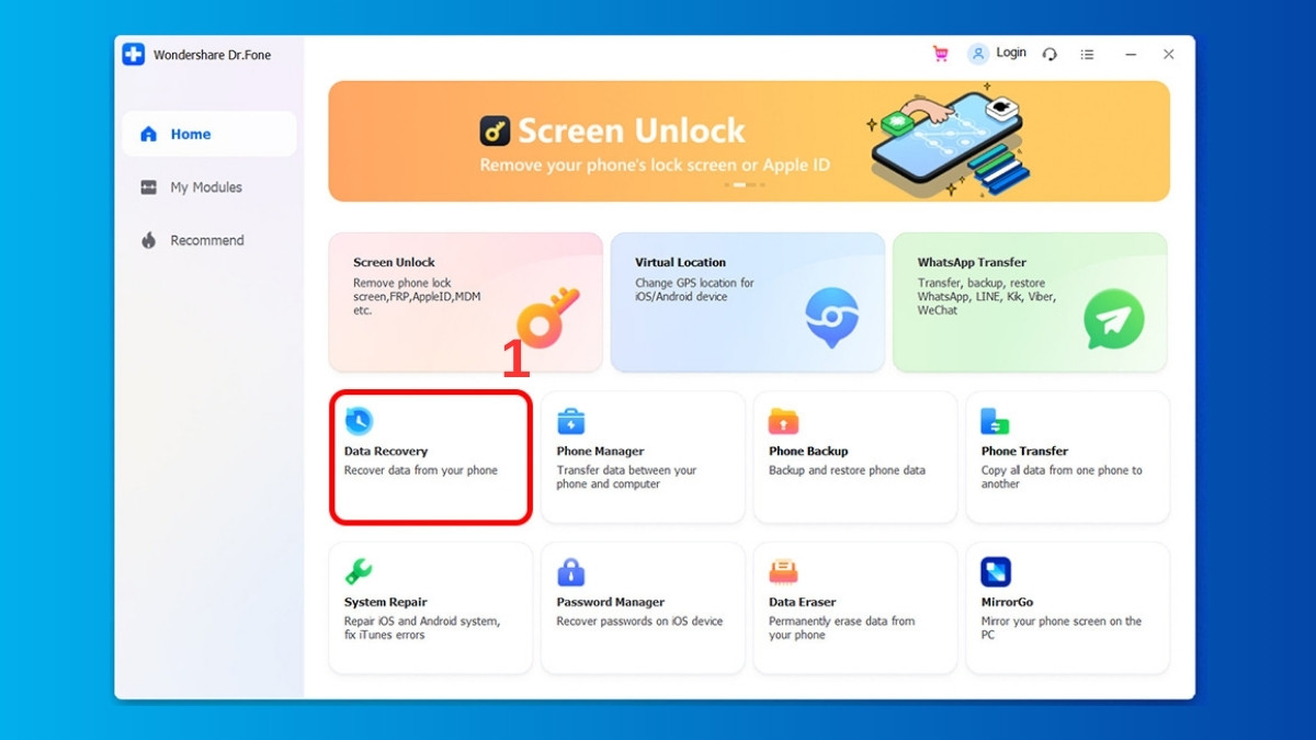 Mở ứng dụng Dr.Fone và chọn mục Data Recovery (Nguồn ảnh: Internet)