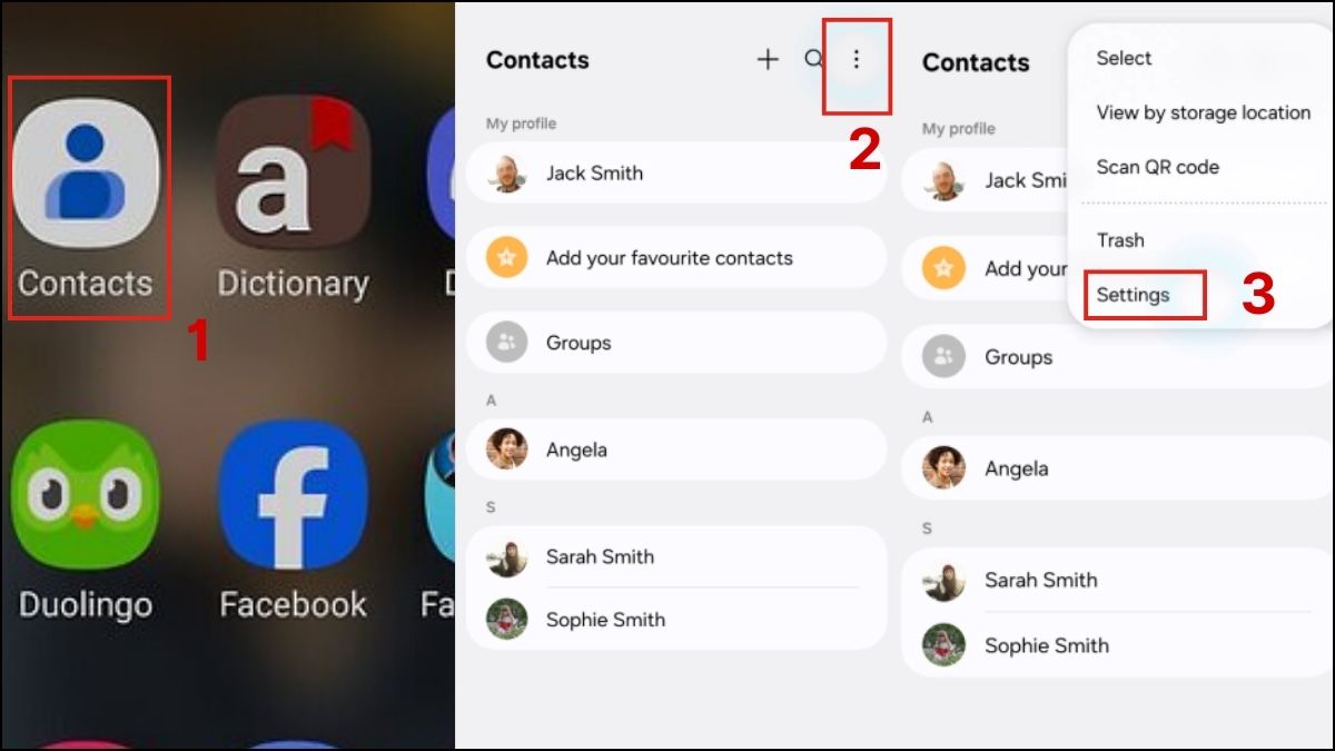 Truy cập vào mục Settings trong Contacts
