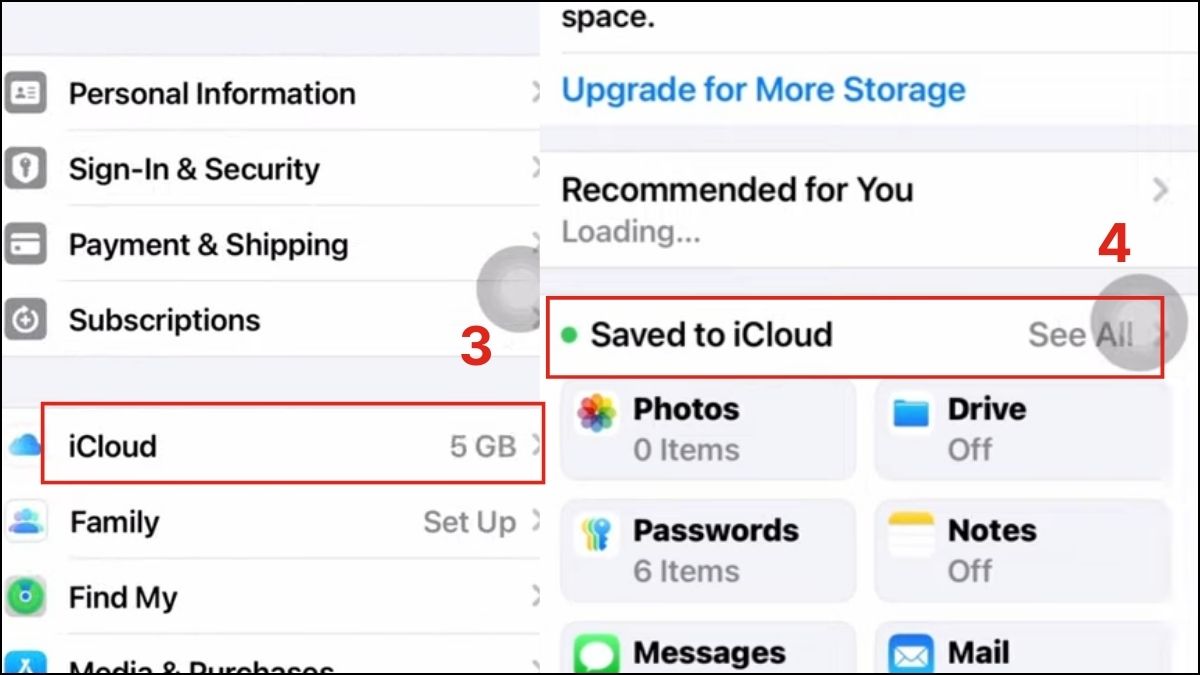 Chọn vào iCloud và Saved to iCloud