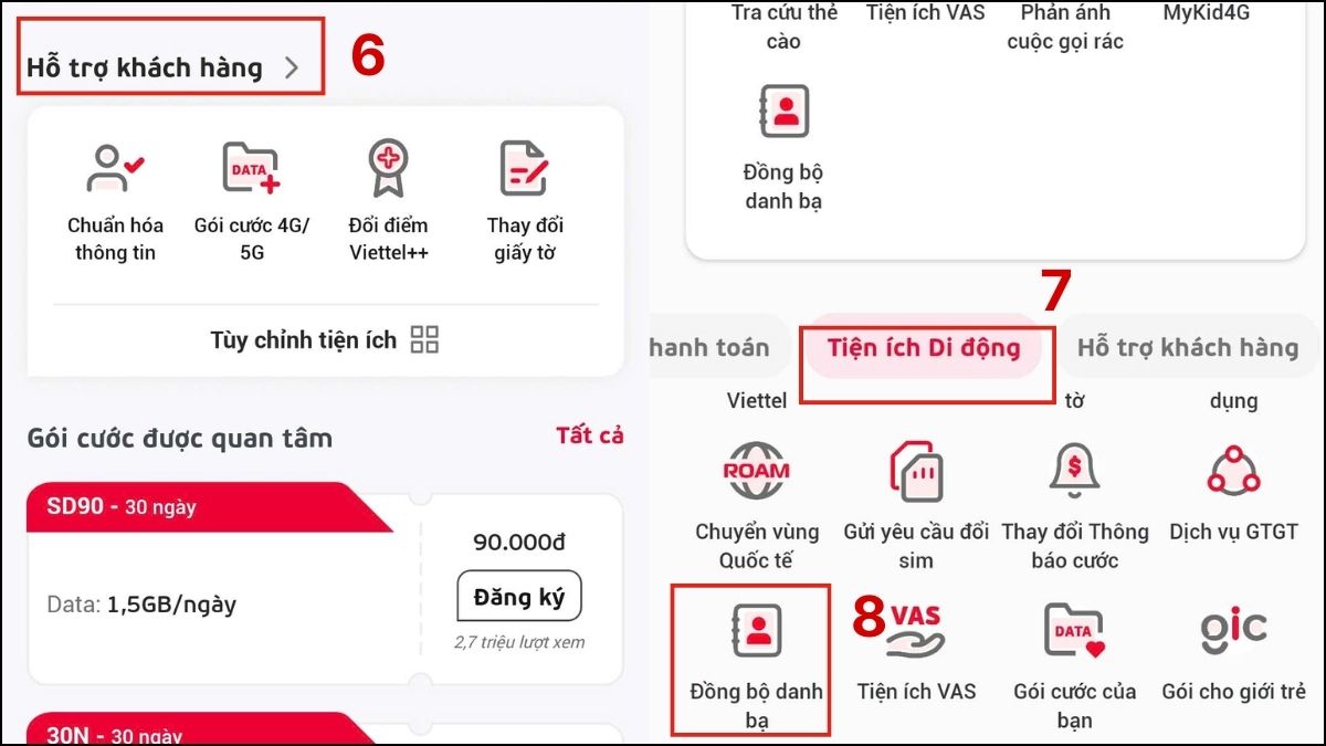Truy cập vào mục Đồng bộ danh bạ trong phần Hỗ trợ khách hàng