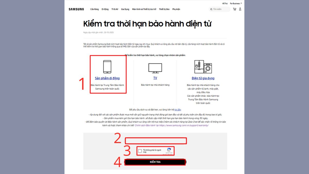 Tại trang kiểm tra bảo hành, bạn chọn mục Sản phẩm di động