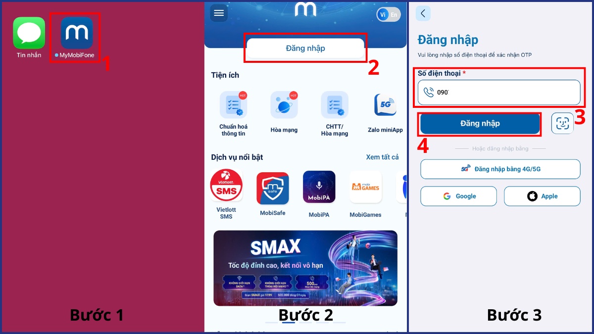 Đăng nhập vào ứng dụng nhà mạng MobiFone