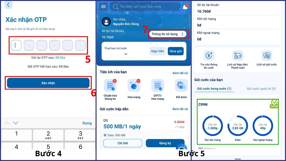 Nhập mã OTP và kiểm tra dung lượng mạng