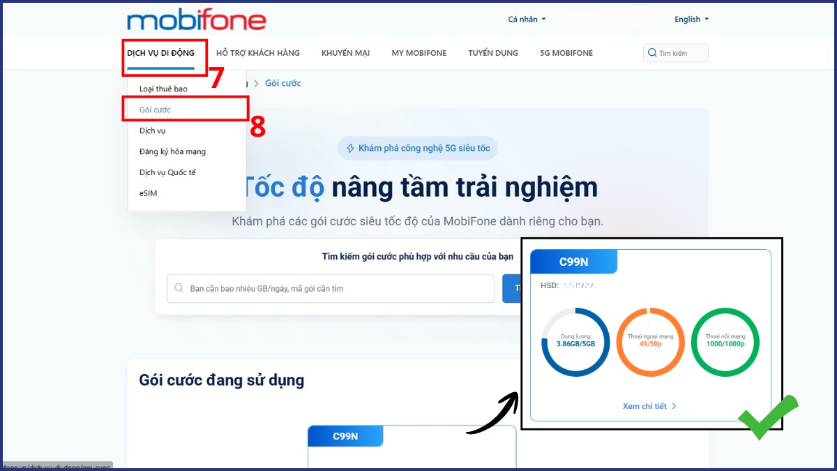 Tìm thông tin dung lượng gói cước trong website