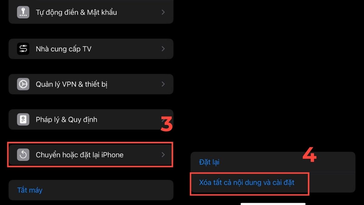 Chọn xóa tất cả nội dung và cài đặt
