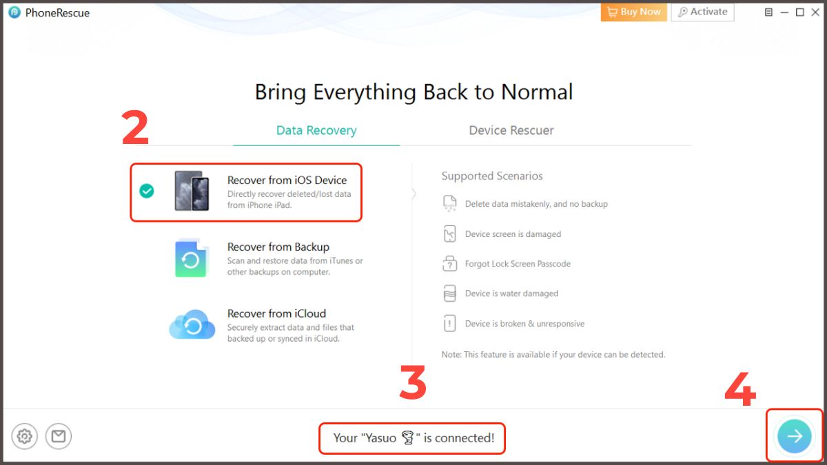 Chọn chế độ khôi phục để PhoneRescue tiến hành quét dữ liệu