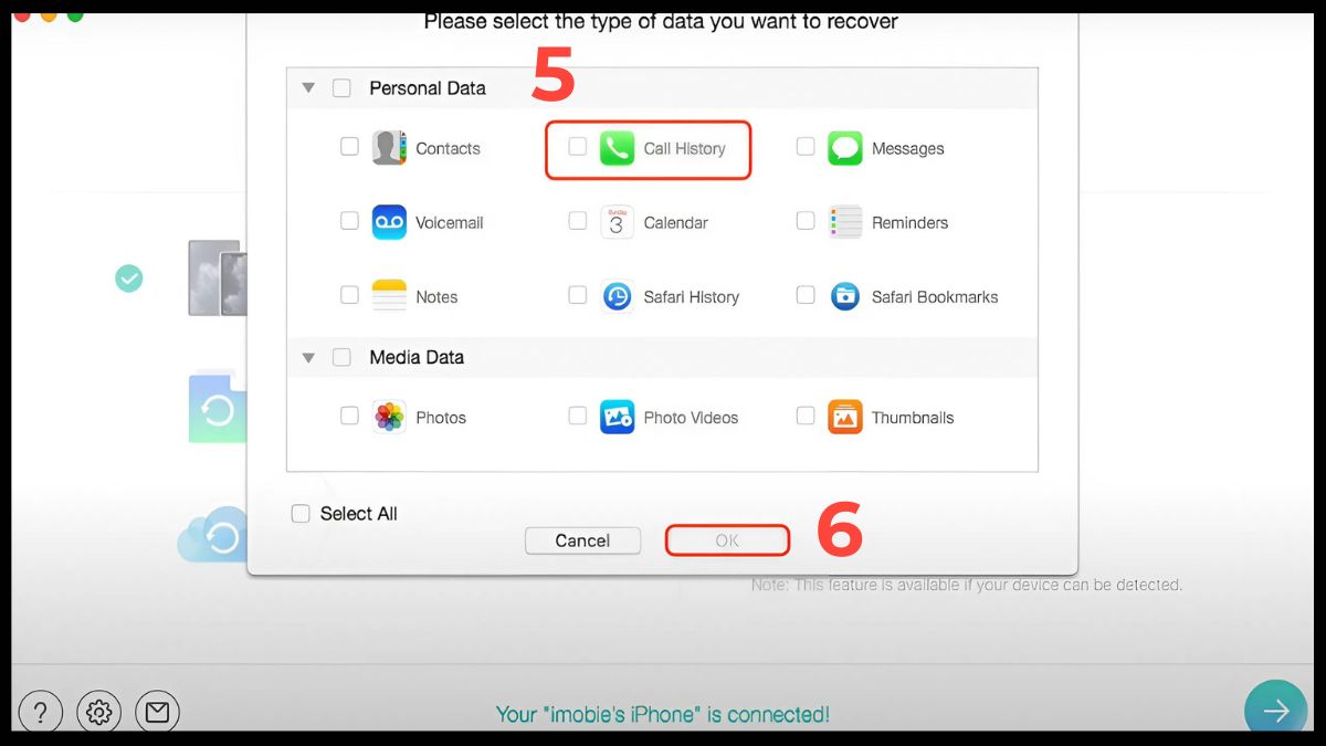Thực hiện thao tác khôi phục nhật ký cuộc gọi