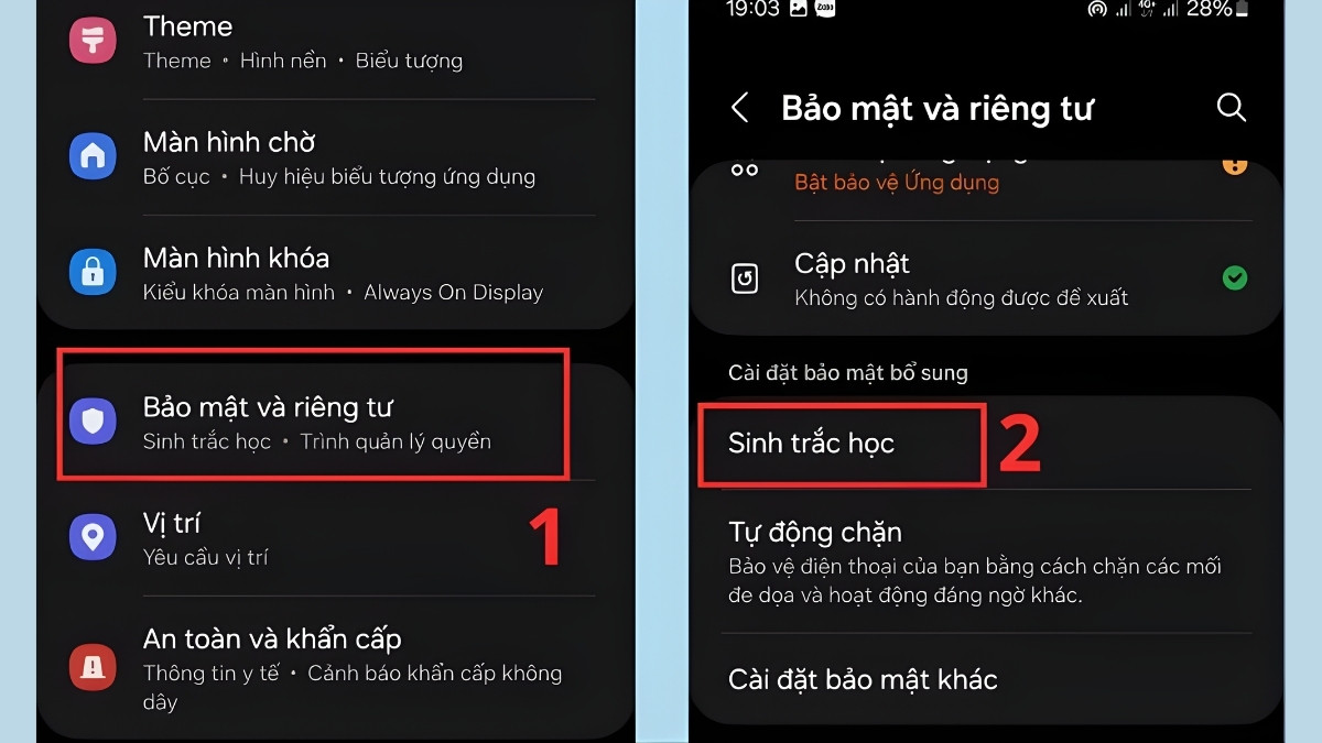 Vào mục Sinh trắc học trong Bảo mật & quyền riêng tư