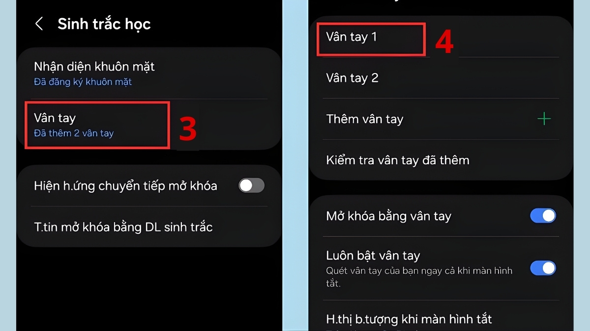 Chọn Vân tay cần thiết lập lại